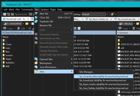 WinSCP's Sites for individual labs